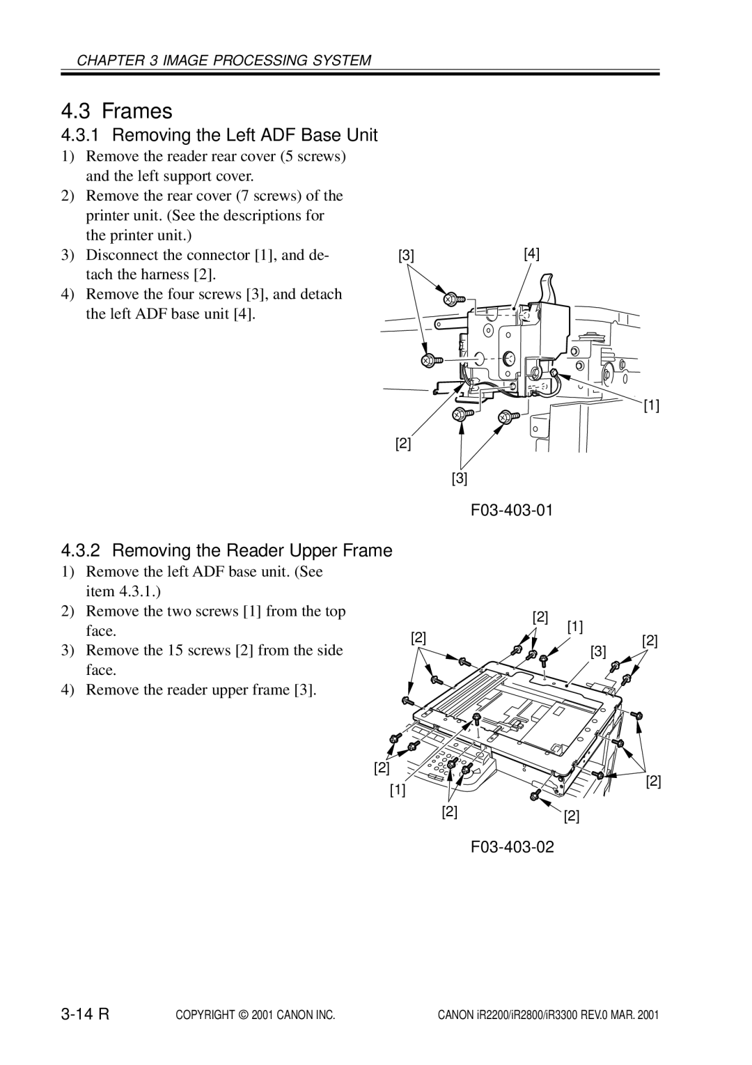 Canon IR2200, IR3300 Frames, Removing the Left ADF Base Unit, Removing the Reader Upper Frame, F03-403-01, F03-403-02 14 R 