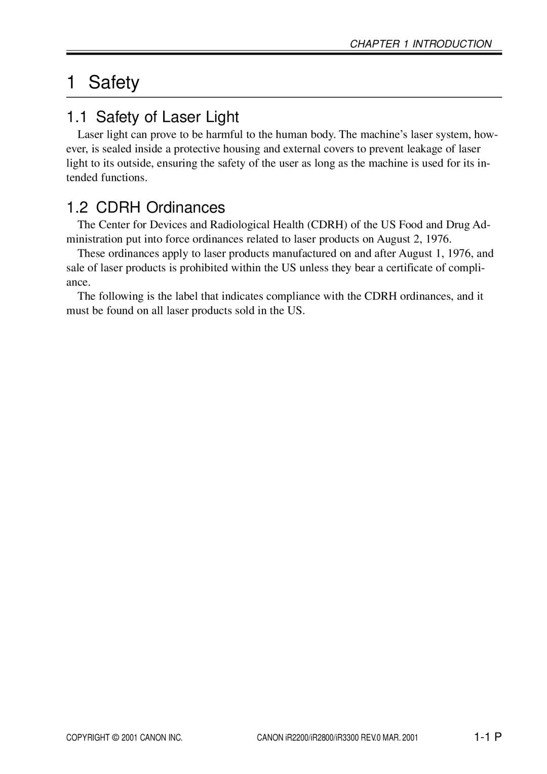 Canon IR3300, IR2800, IR2200 manual Safety of Laser Light, Cdrh Ordinances 