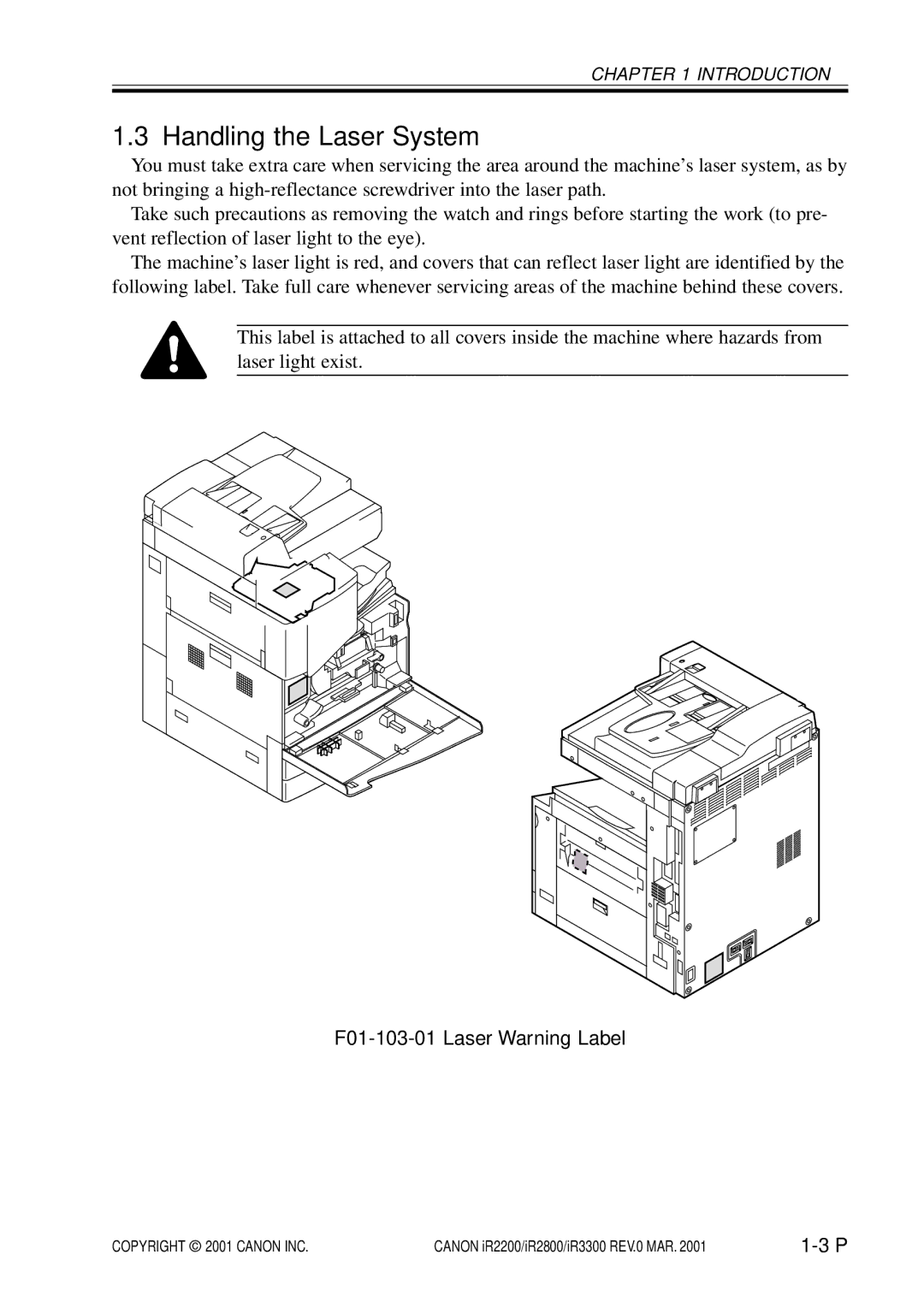 Canon IR2200, IR3300, IR2800 manual Handling the Laser System, F01-103-01 Laser Warning Label 