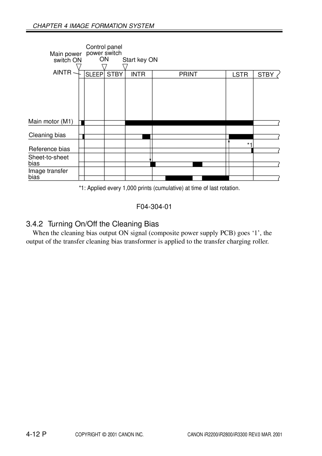 Canon IR2200, IR3300, IR2800 manual Turning On/Off the Cleaning Bias, F04-304-01, 12 P 