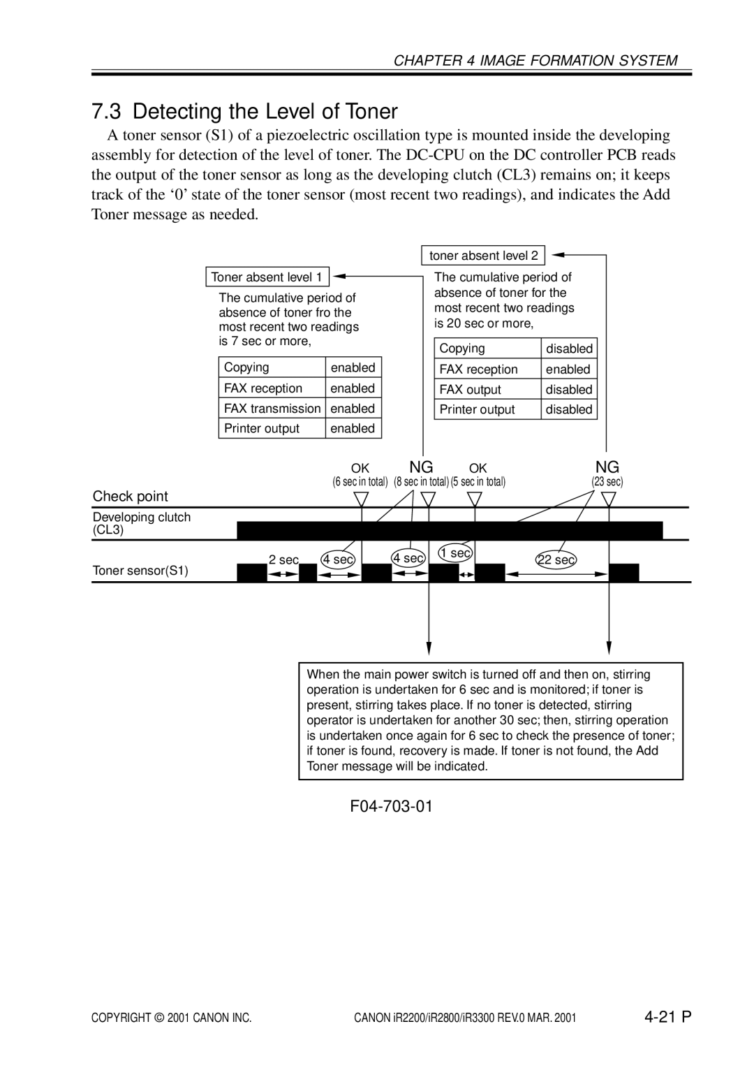 Canon IR2200, IR3300, IR2800 manual Detecting the Level of Toner, F04-703-01 