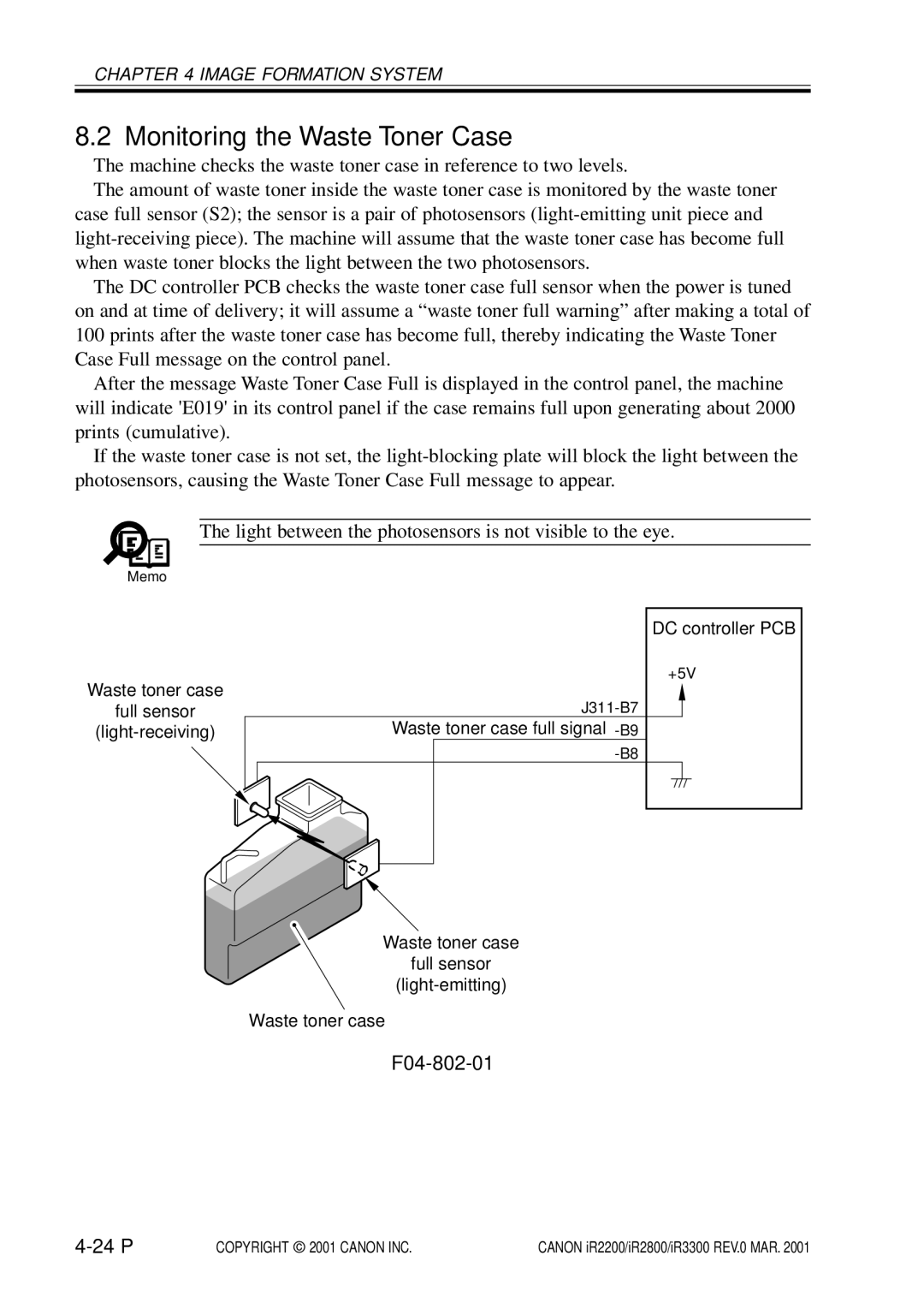 Canon IR2200, IR3300, IR2800 manual Monitoring the Waste Toner Case, F04-802-01 24 P 