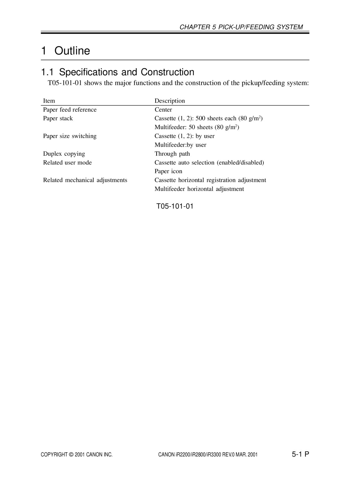 Canon IR3300, IR2800, IR2200 manual Specifications and Construction, T05-101-01 