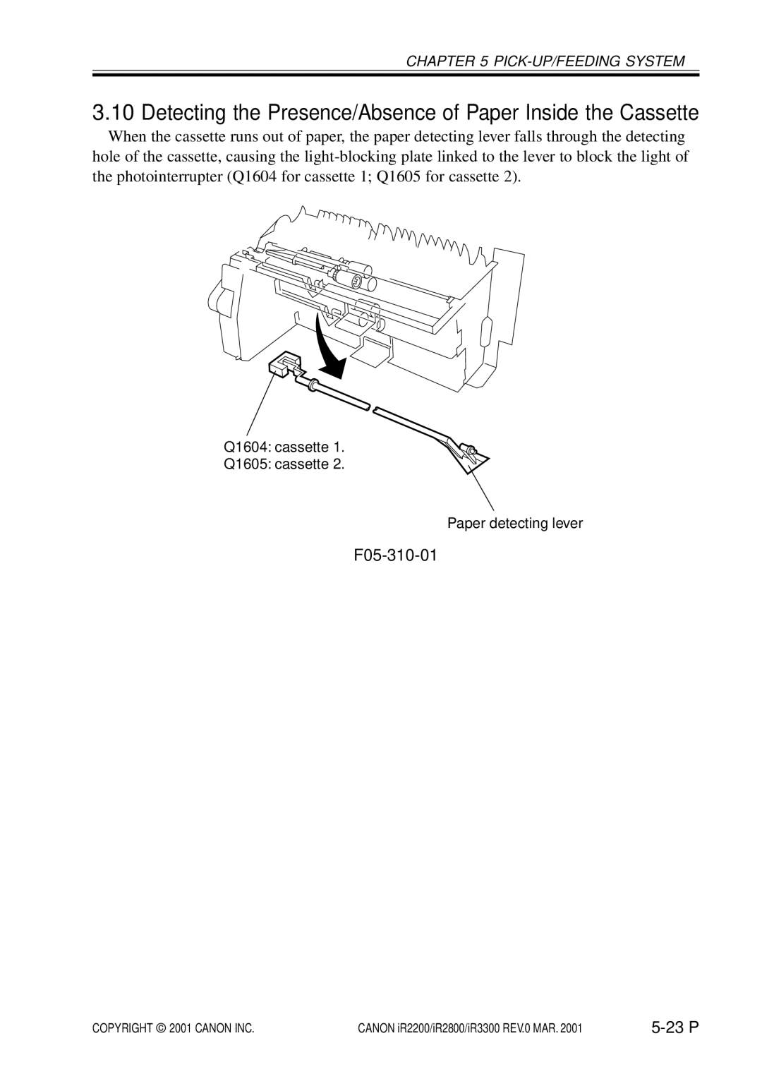 Canon IR2800, IR3300, IR2200 manual Detecting the Presence/Absence of Paper Inside the Cassette, F05-310-01 