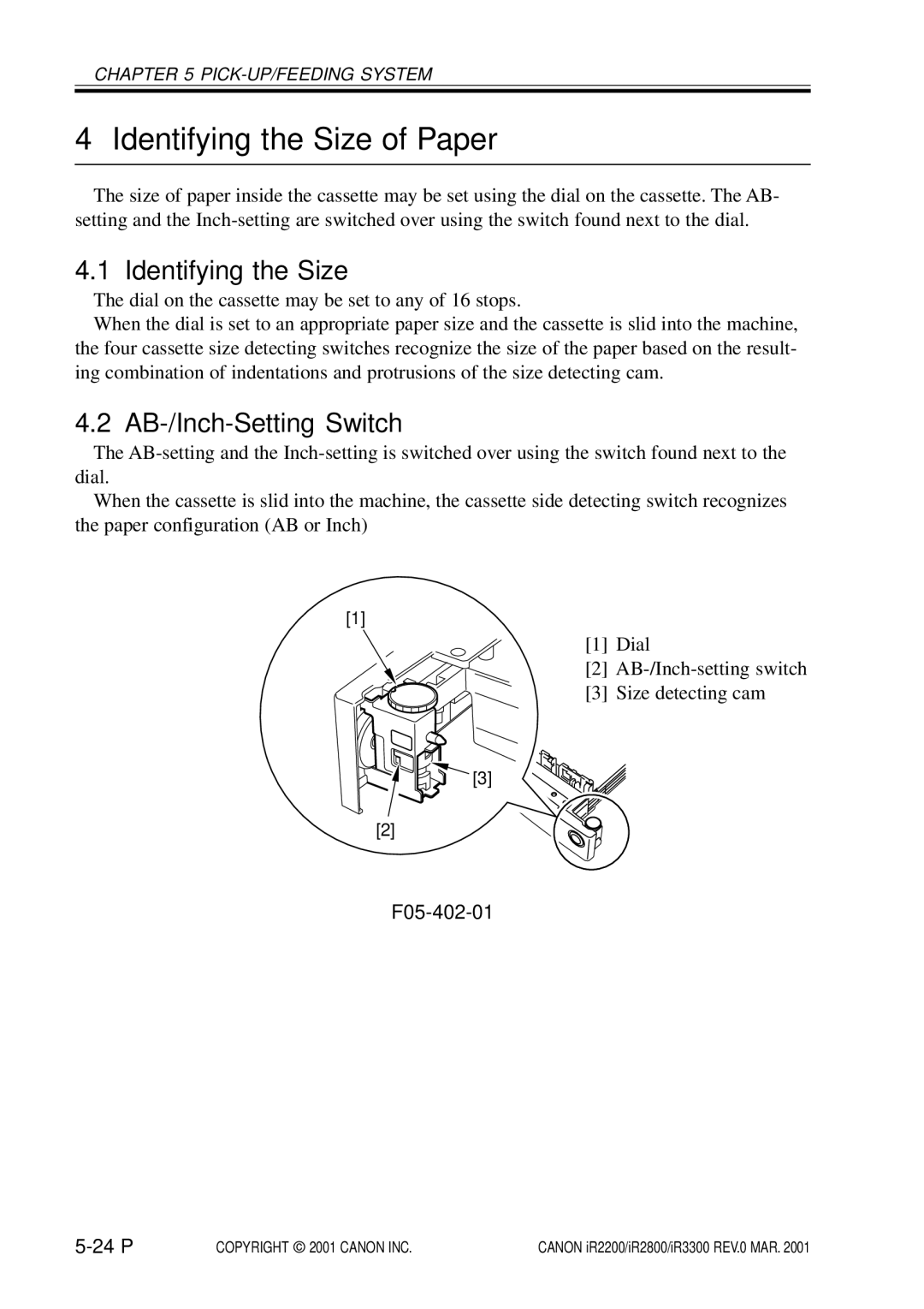 Canon IR2200, IR3300, IR2800 manual Identifying the Size of Paper, AB-/Inch-Setting Switch, F05-402-01 24 P 