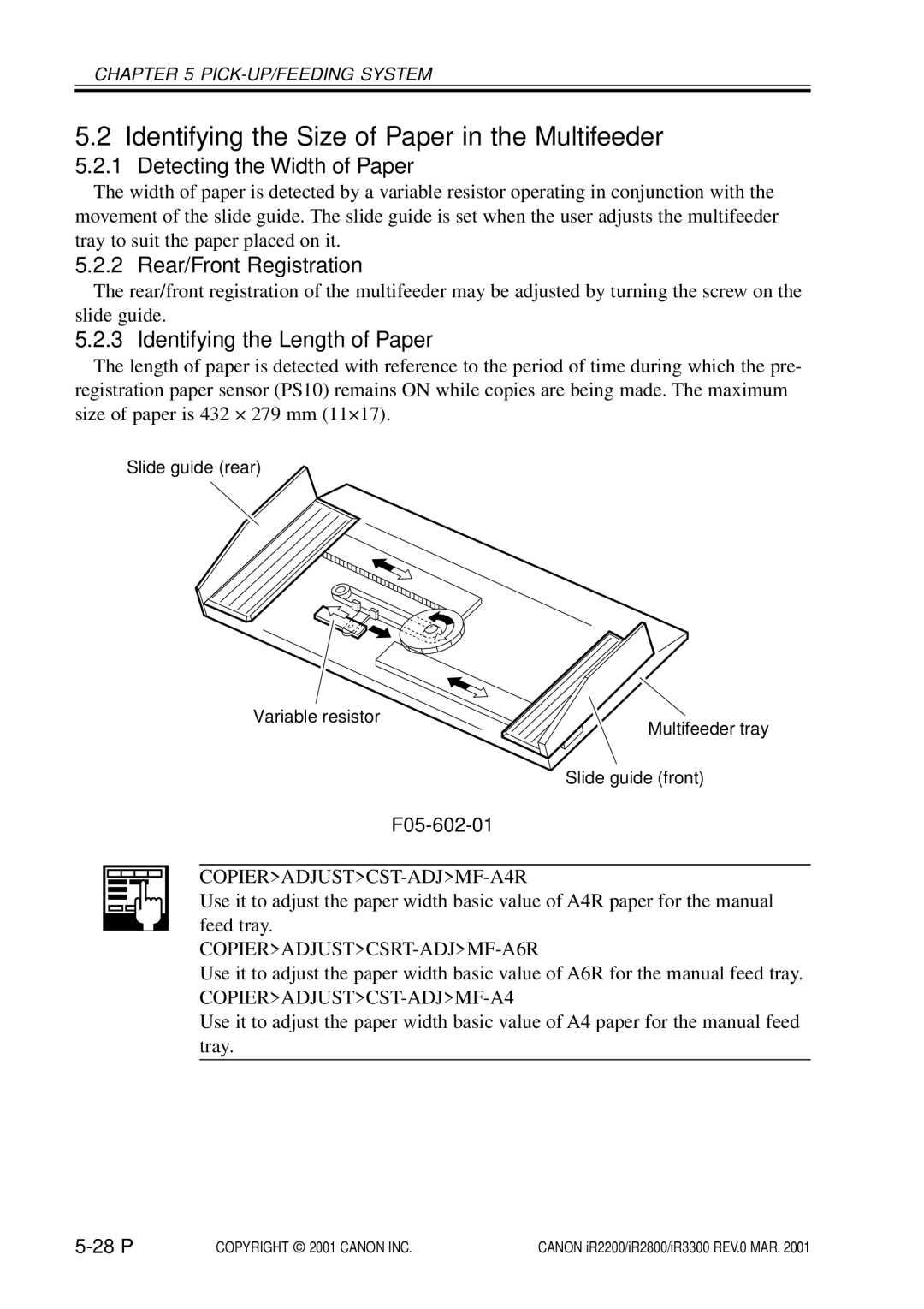 Canon IR3300 manual Identifying the Size of Paper in the Multifeeder, Detecting the Width of Paper, Rear/Front Registration 