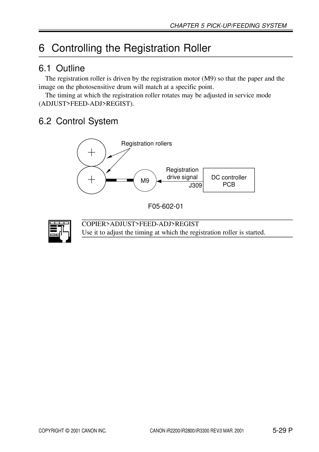 Canon IR2800, IR3300, IR2200 manual Controlling the Registration Roller, Control System, Copieradjustfeed-Adjregist 