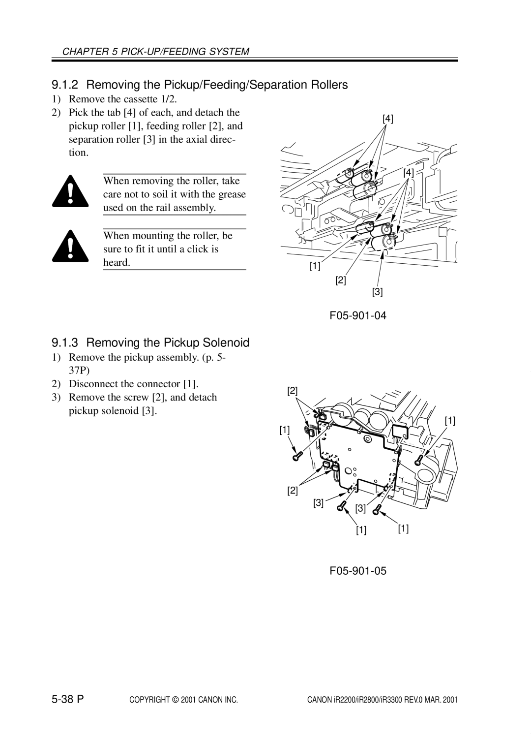 Canon IR2800, IR3300, IR2200 manual Removing the Pickup/Feeding/Separation Rollers, F05-901-04, F05-901-05 38 P 