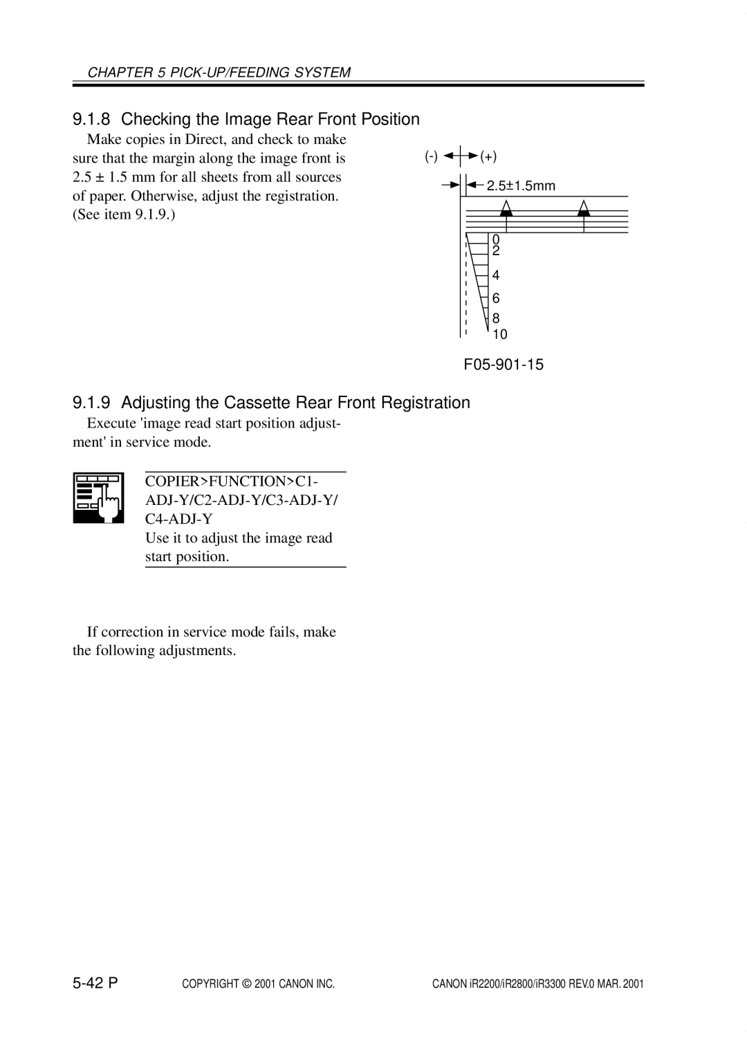 Canon IR2200 Checking the Image Rear Front Position, Adjusting the Cassette Rear Front Registration, F05-901-15, 42 P 