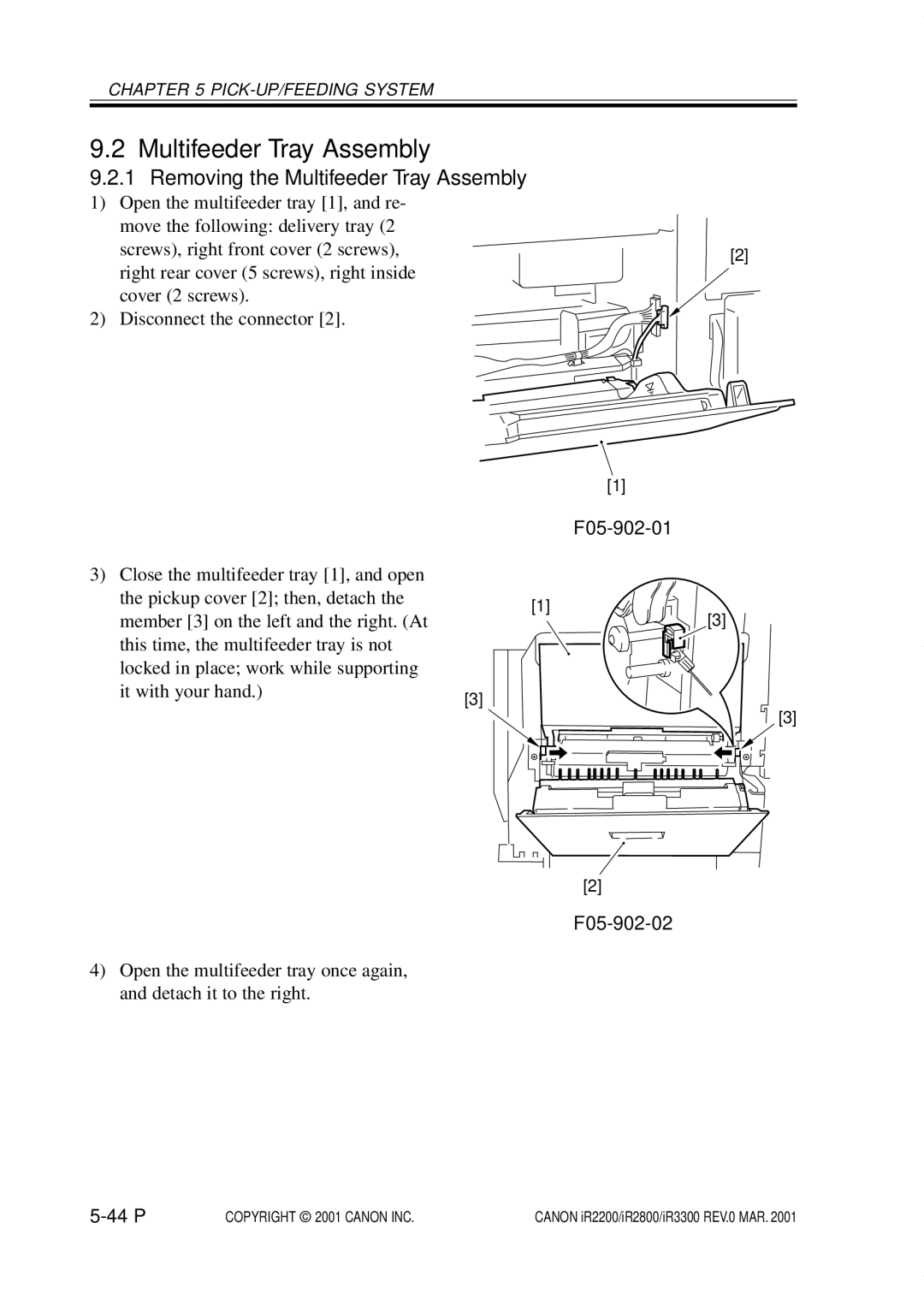 Canon IR2800, IR3300, IR2200 manual Removing the Multifeeder Tray Assembly, F05-902-01, F05-902-02, 44 P 