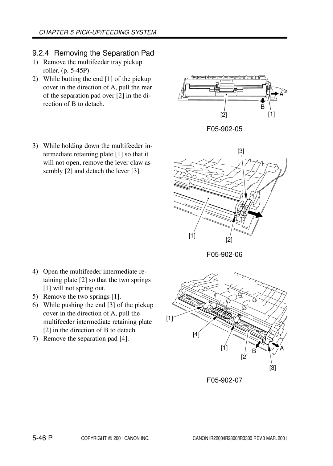 Canon IR3300, IR2800, IR2200 manual Removing the Separation Pad, F05-902-05, F05-902-06, F05-902-07 46 P 