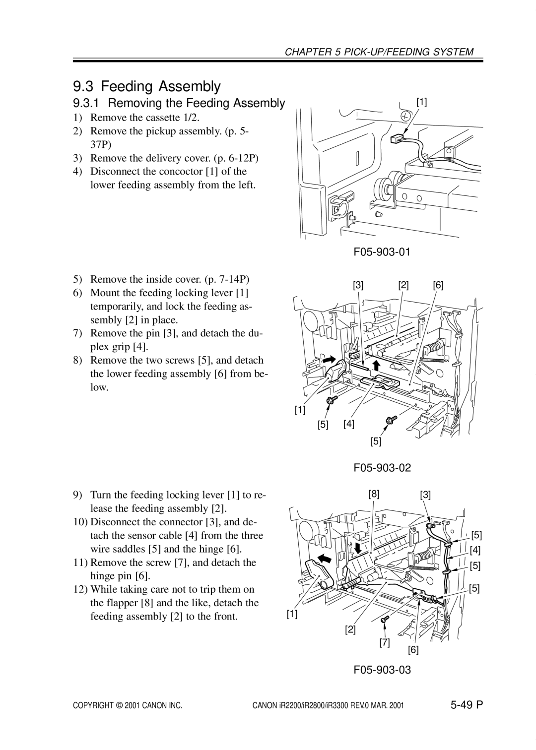 Canon IR3300, IR2800, IR2200 manual Removing the Feeding Assembly, F05-903-01, F05-903-02, F05-903-03 