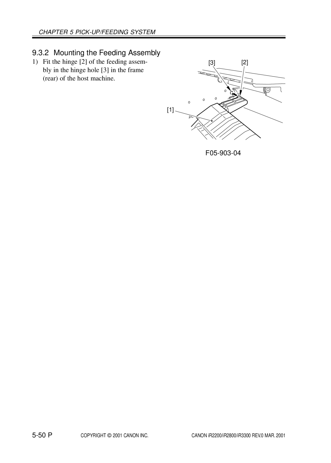 Canon IR2800, IR3300, IR2200 manual Mounting the Feeding Assembly, F05-903-04 50 P 