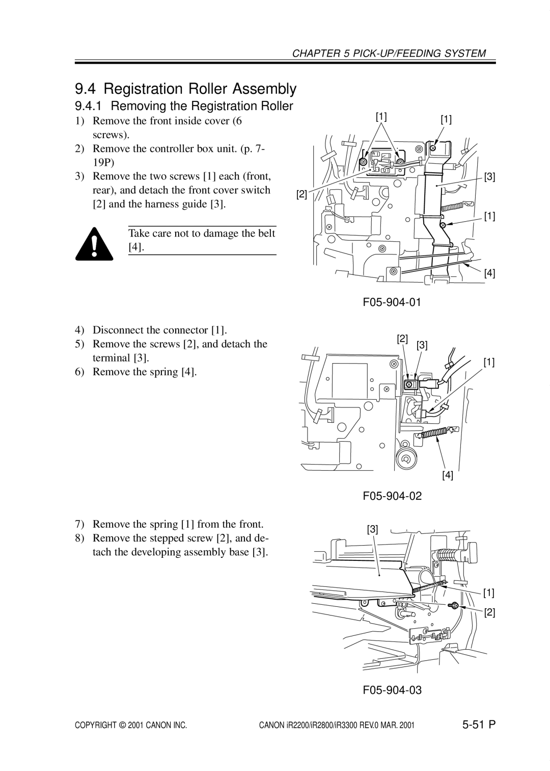 Canon IR2200, IR3300 manual Registration Roller Assembly, Removing the Registration Roller, F05-904-01 F05-904-02 F05-904-03 