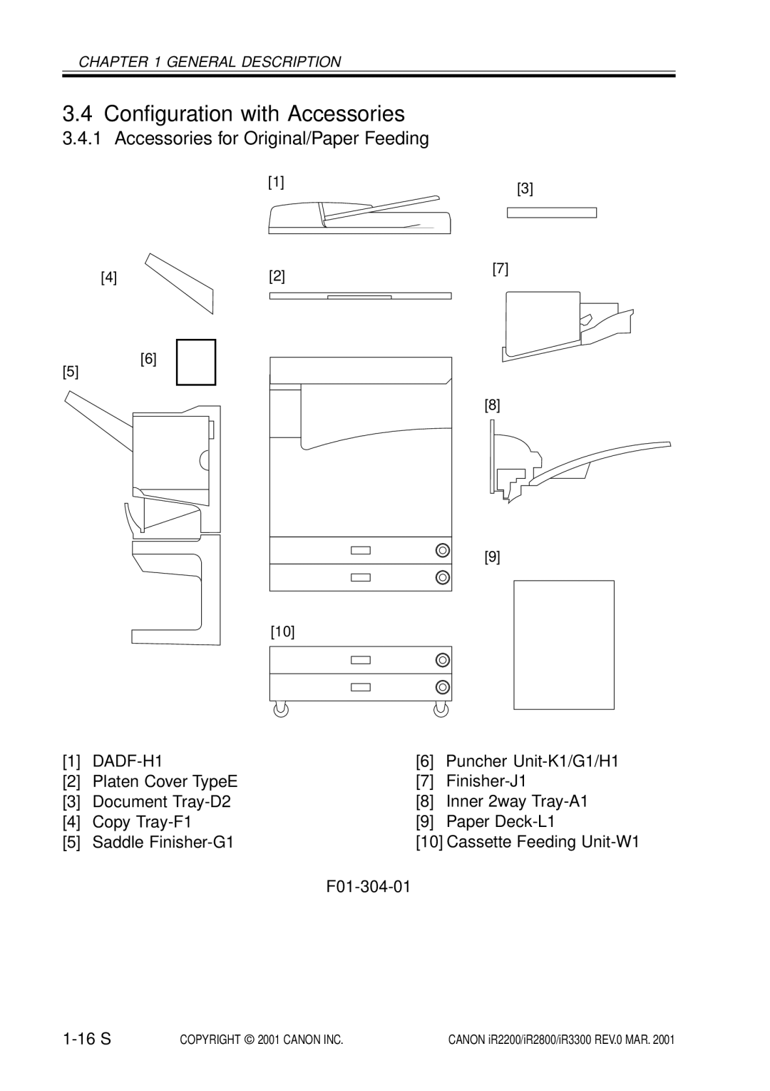 Canon IR2200, IR3300 manual Configuration with Accessories, Accessories for Original/Paper Feeding, DADF-H1, F01-304-01 16 S 