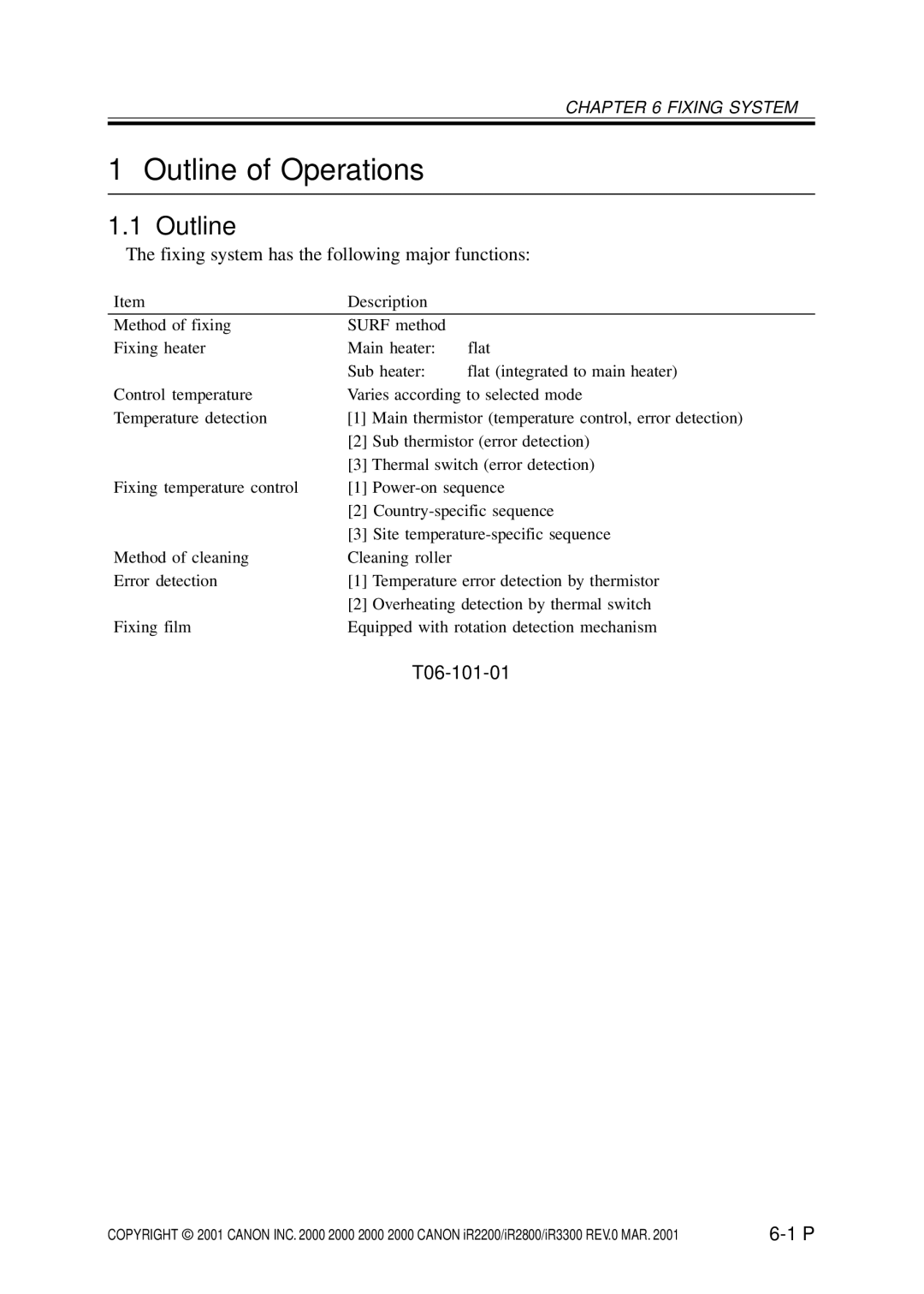Canon IR3300, IR2800, IR2200 manual Fixing system has the following major functions, T06-101-01 