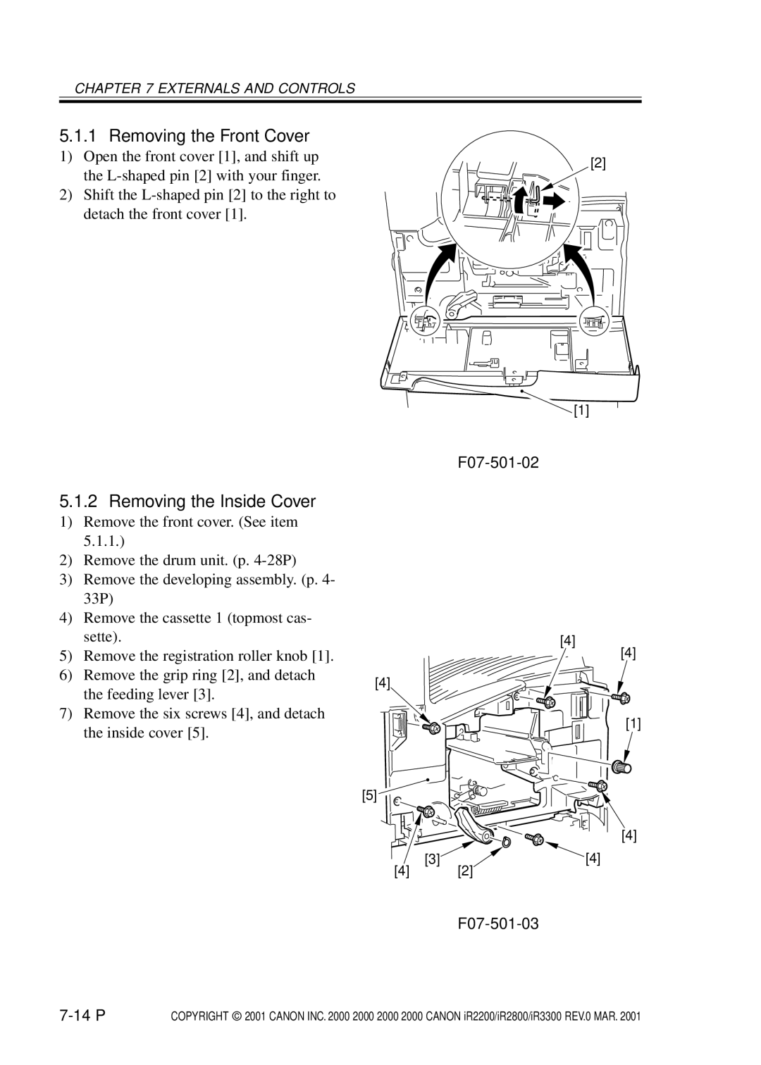 Canon IR2800, IR3300, IR2200 manual Removing the Front Cover, Removing the Inside Cover, F07-501-02 F07-501-03 14 P 