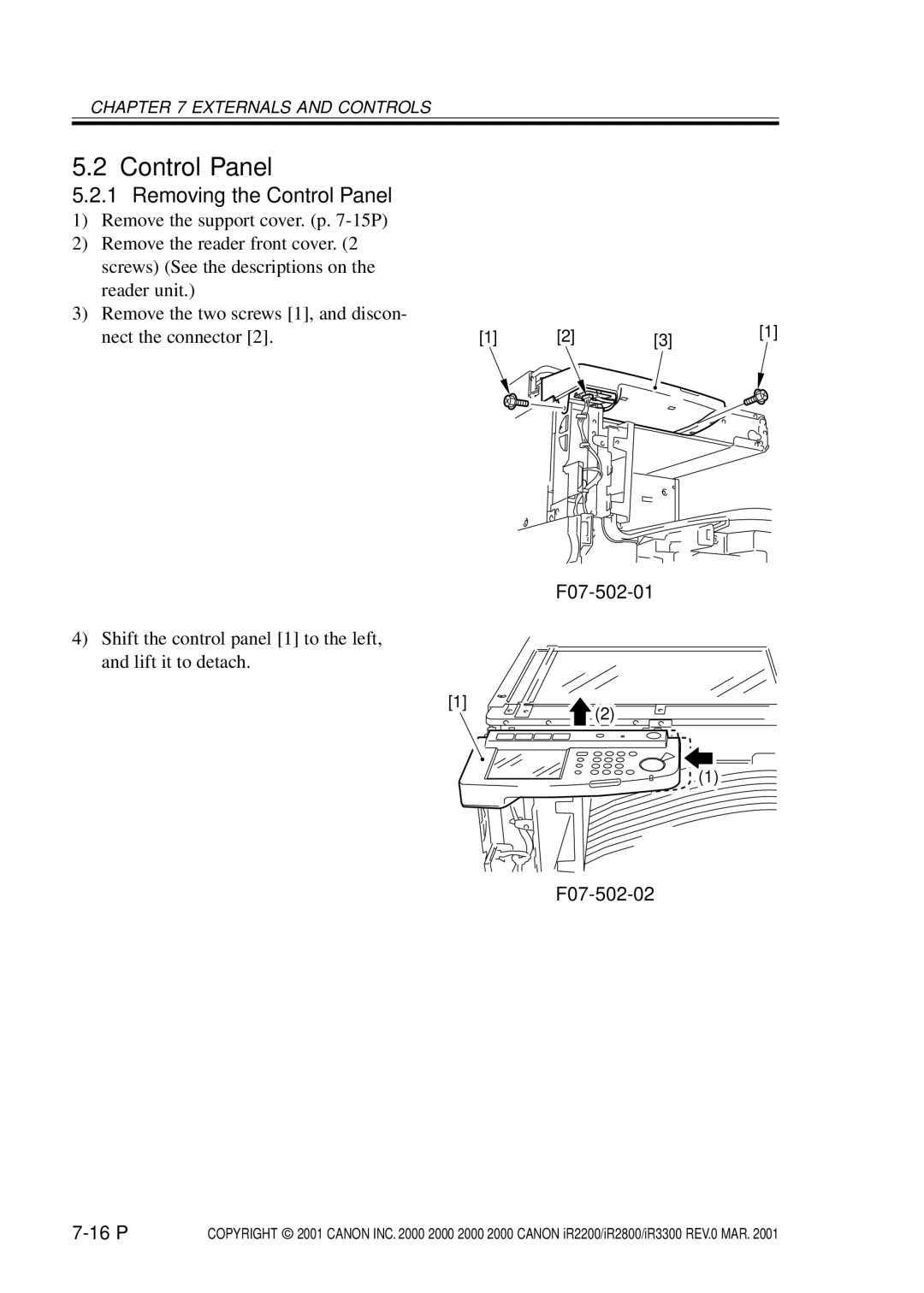 Canon IR3300, IR2800, IR2200 manual Removing the Control Panel, F07-502-01, F07-502-02 16 P 