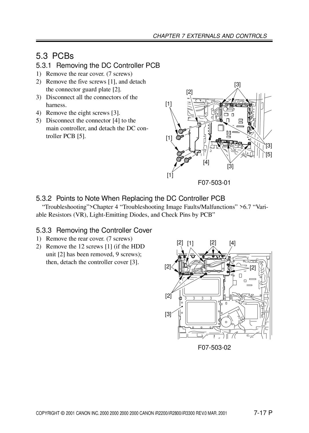 Canon IR2800 Removing the DC Controller PCB, Points to Note When Replacing the DC Controller PCB, F07-503-01, F07-503-02 
