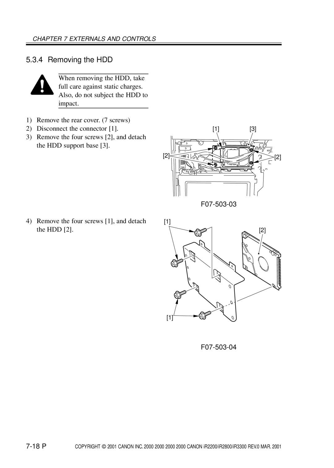 Canon IR2200, IR3300, IR2800 manual Removing the HDD, F07-503-03, F07-503-04 18 P 