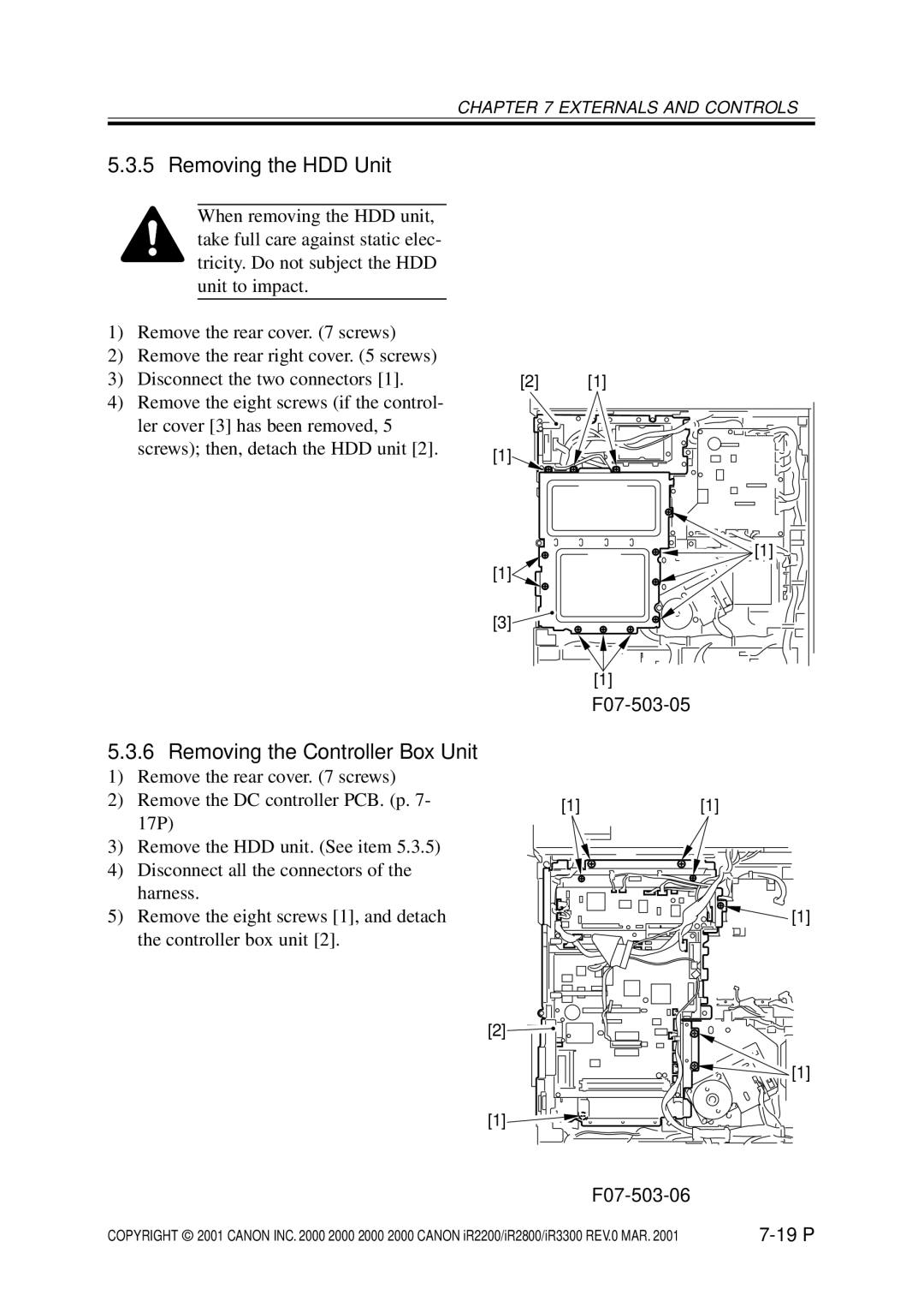 Canon IR3300, IR2800, IR2200 manual Removing the HDD Unit, Removing the Controller Box Unit, F07-503-05, F07-503-06 