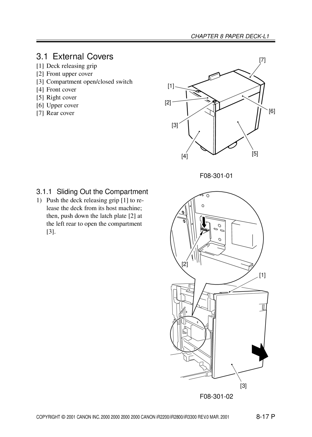 Canon IR3300, IR2800, IR2200 manual Sliding Out the Compartment, F08-301-01 F08-301-02 