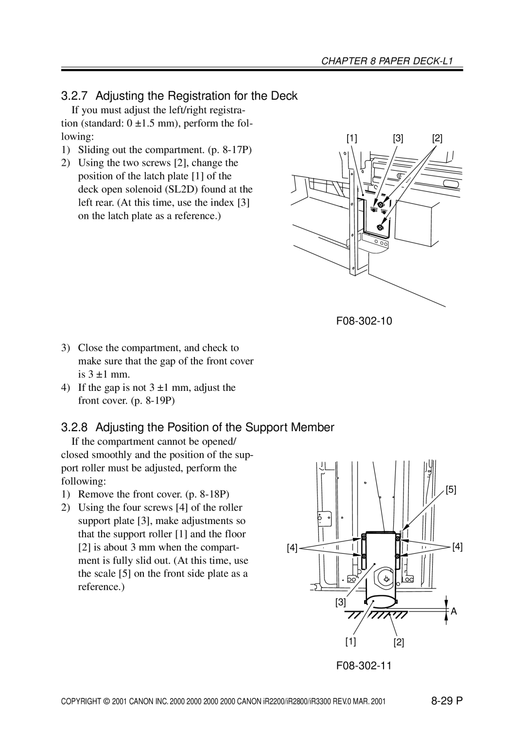 Canon IR3300 Adjusting the Registration for the Deck, Adjusting the Position of the Support Member, F08-302-10, F08-302-11 