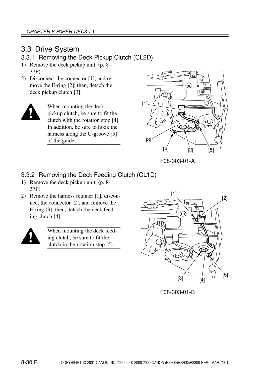 Canon IR2800 manual Drive System, Removing the Deck Pickup Clutch CL2D, Removing the Deck Feeding Clutch CL1D, F08-303-01-A 