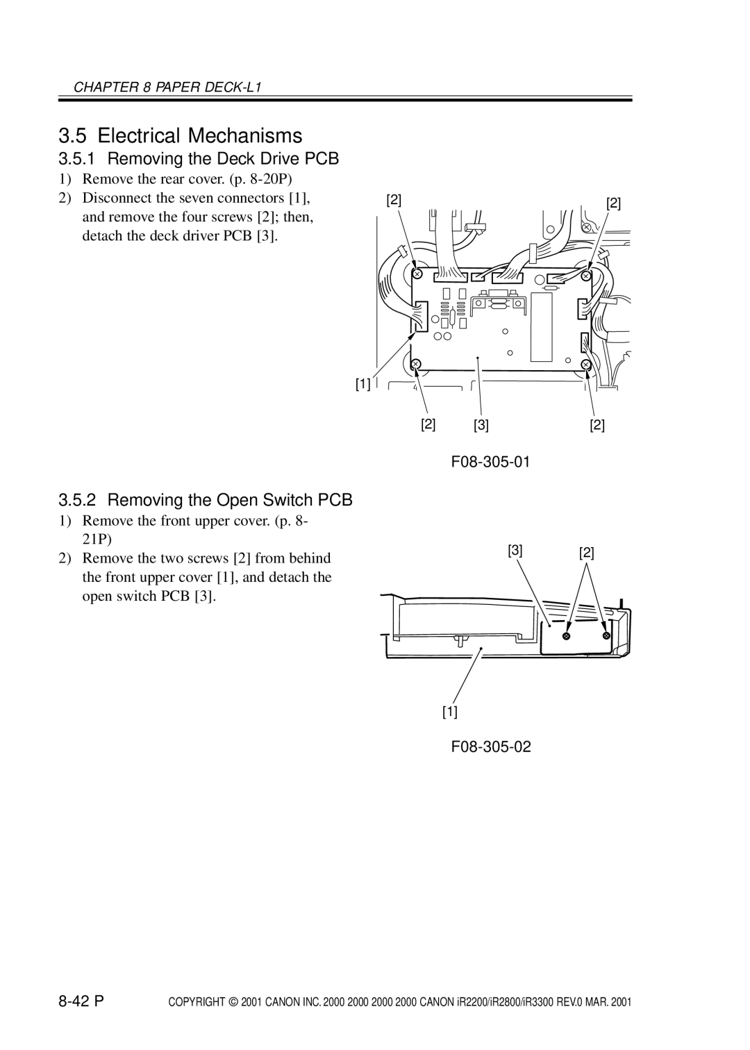 Canon IR2800 Electrical Mechanisms, Removing the Deck Drive PCB, Removing the Open Switch PCB, F08-305-01, F08-305-02 42 P 