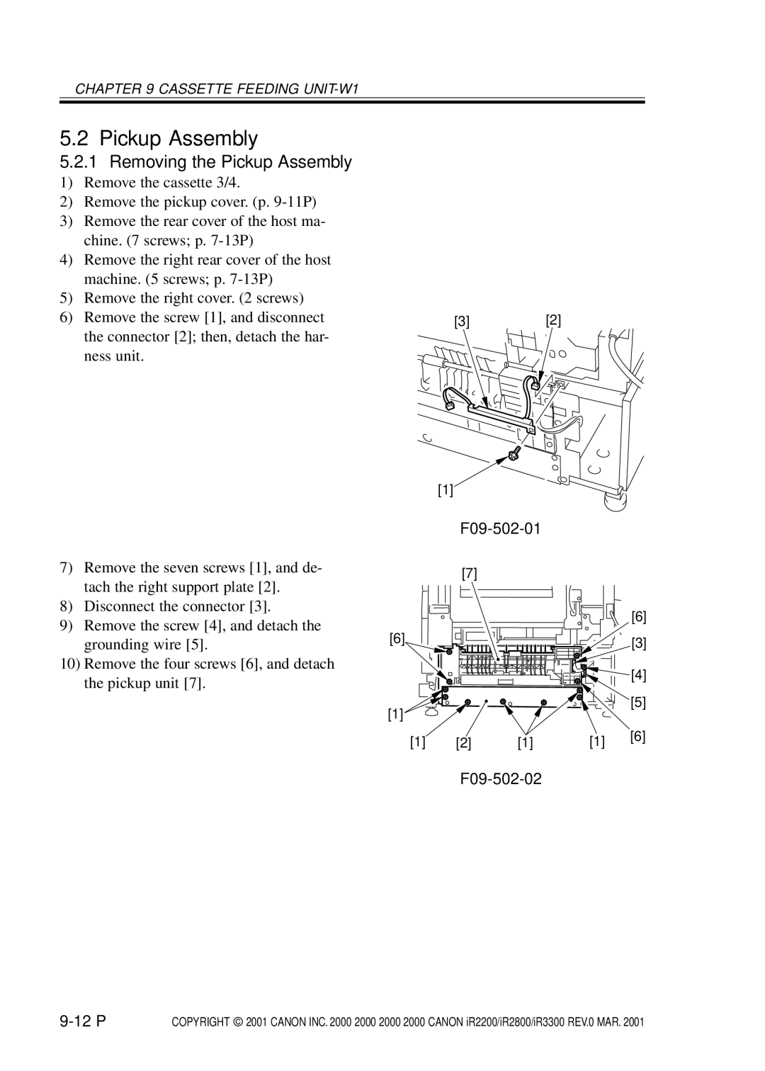 Canon IR2200, IR3300, IR2800 manual Pickup Assembly, F09-502-01 F09-502-02 12 P 