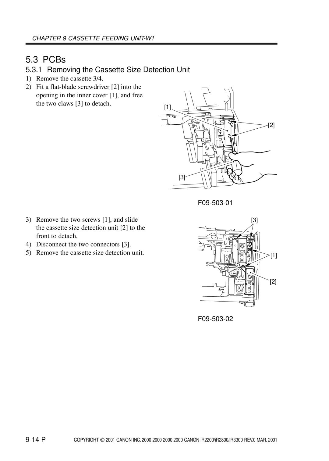 Canon IR2800, IR3300, IR2200 manual Removing the Cassette Size Detection Unit, F09-503-01 F09-503-02 14 P 