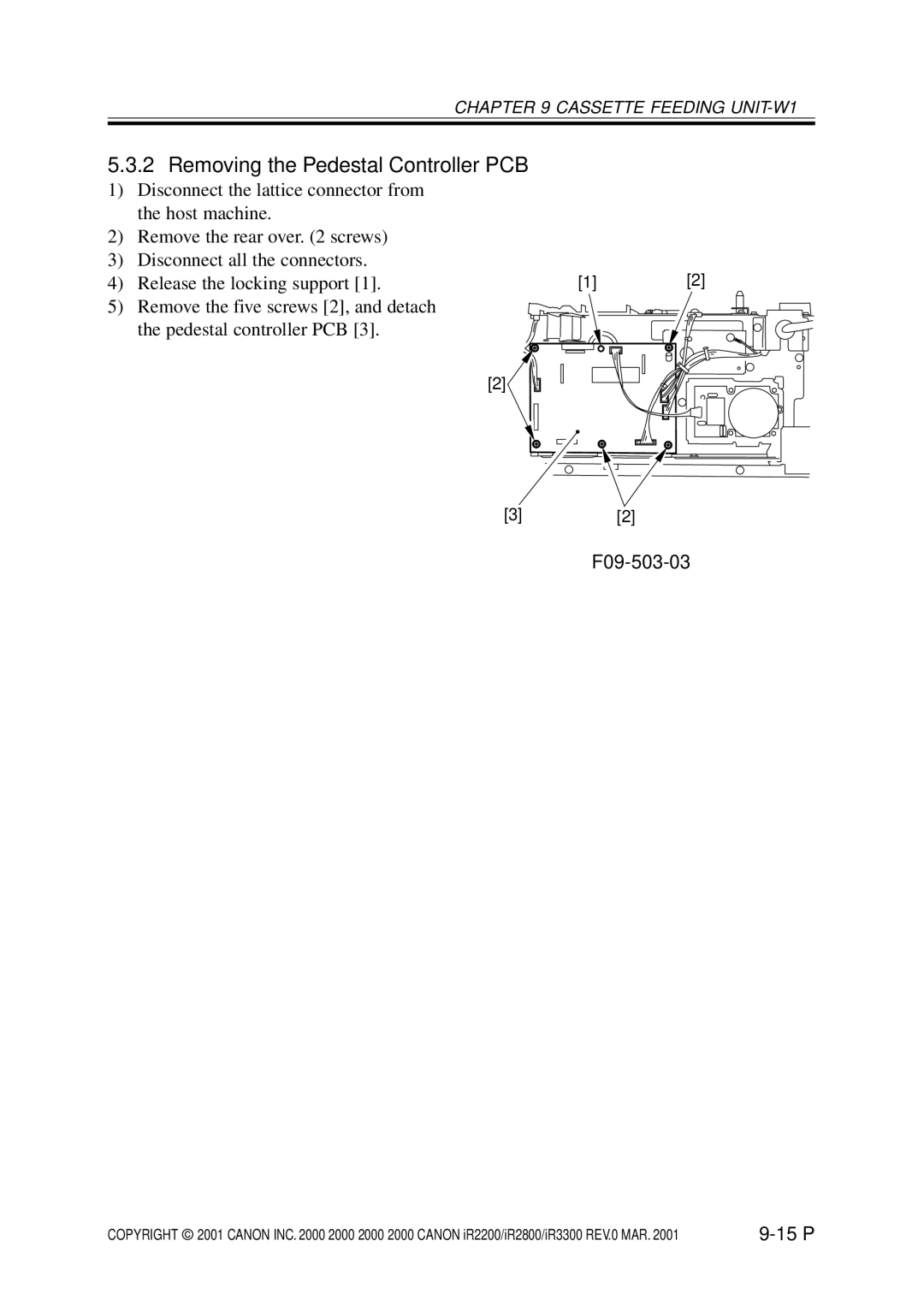 Canon IR2200, IR3300, IR2800 manual Removing the Pedestal Controller PCB, F09-503-03 
