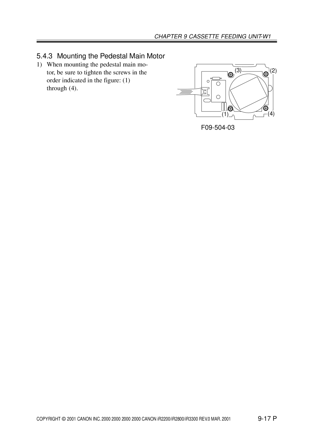 Canon IR2800, IR3300, IR2200 manual Mounting the Pedestal Main Motor, F09-504-03 