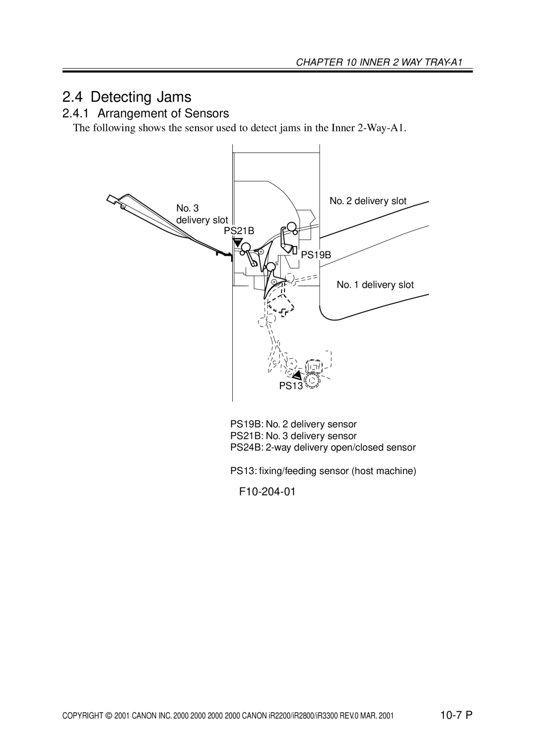 Canon IR3300, IR2800, IR2200 manual Detecting Jams, Arrangement of Sensors, F10-204-01, 10-7 P 