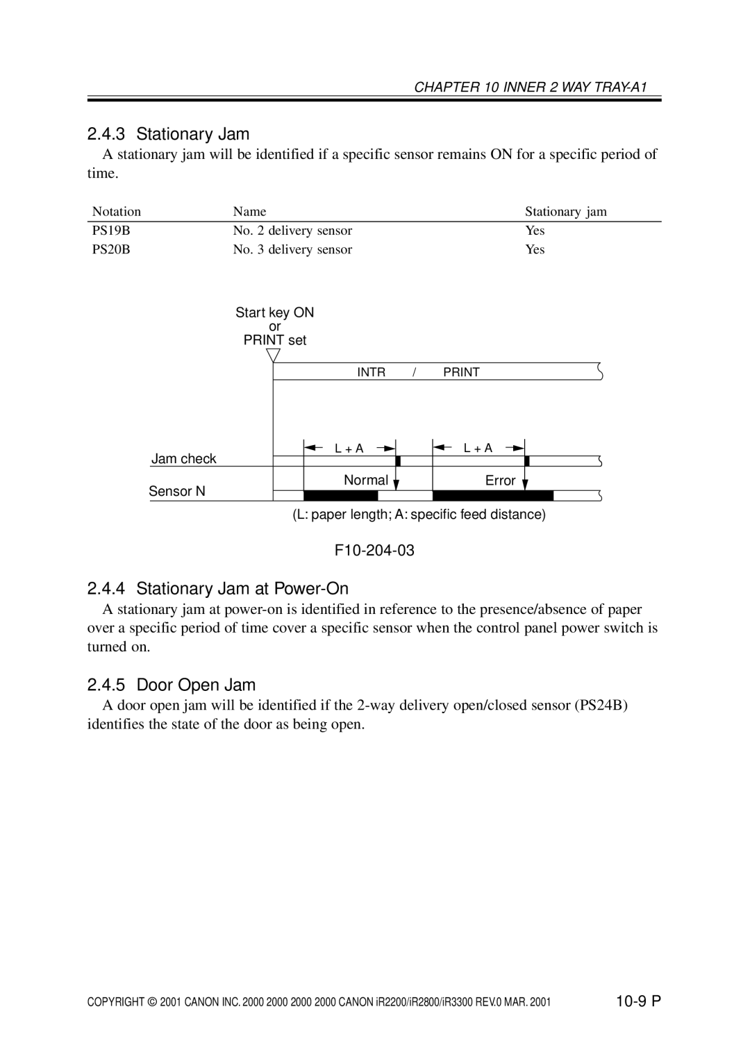 Canon IR2200, IR3300, IR2800 manual Stationary Jam at Power-On, Door Open Jam, F10-204-03, 10-9 P, PS19B 