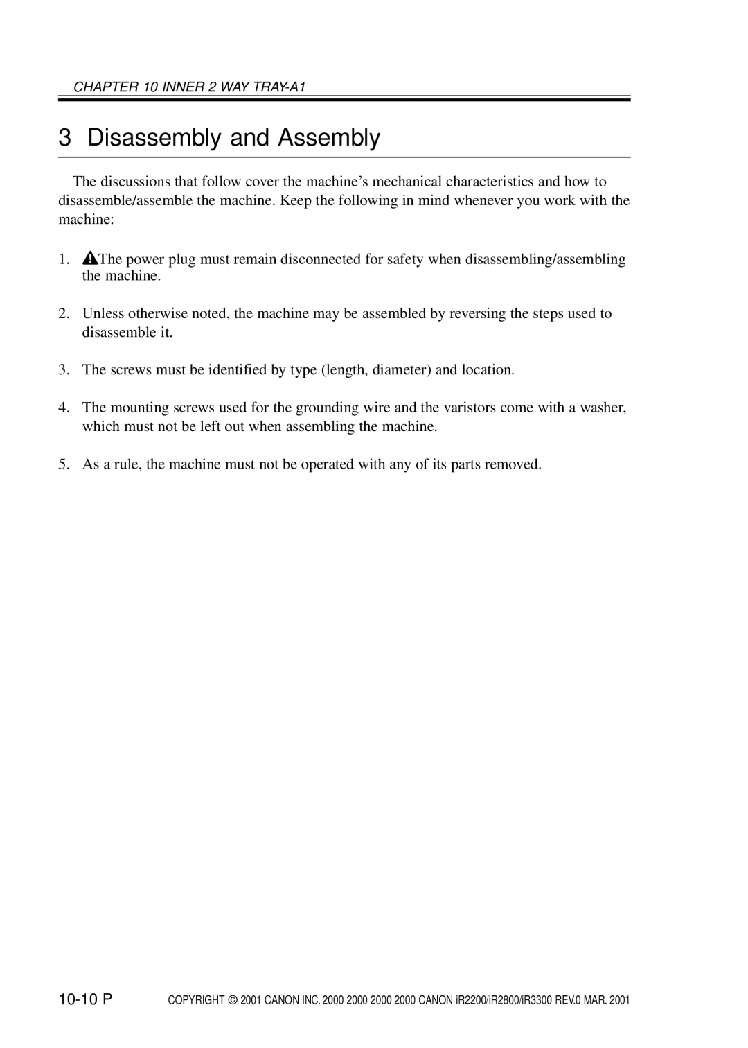 Canon IR3300, IR2800, IR2200 manual Disassembly and Assembly, 10-10 P 