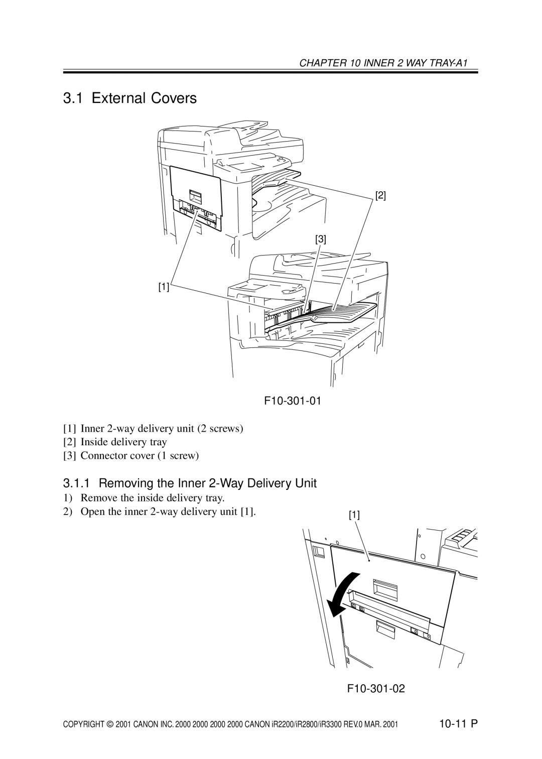 Canon IR2800, IR3300, IR2200 manual Removing the Inner 2-Way Delivery Unit, F10-301-01, F10-301-02 