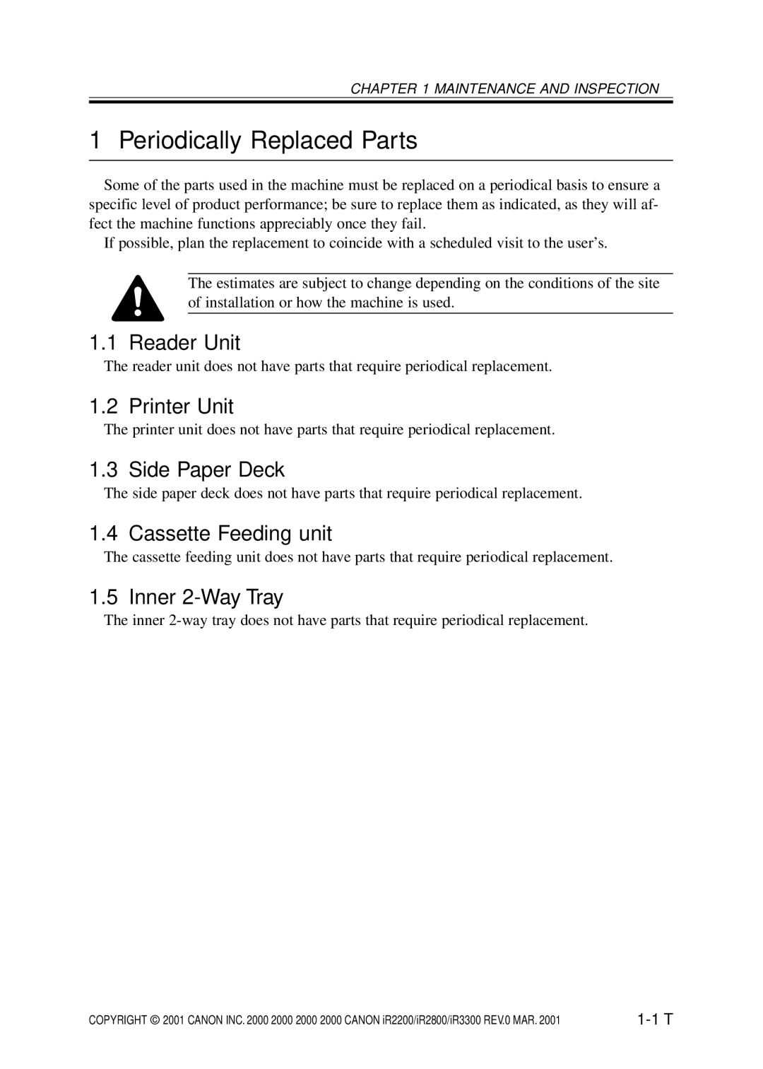 Canon IR2800, IR3300, IR2200 manual Periodically Replaced Parts 