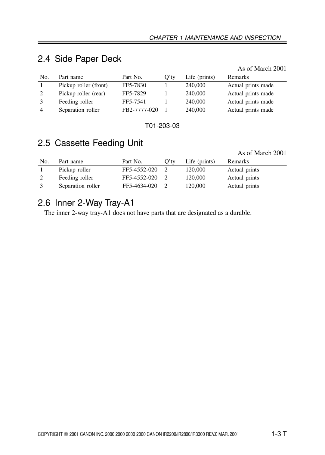 Canon IR3300, IR2800, IR2200 manual Inner 2-Way Tray-A1, T01-203-03 