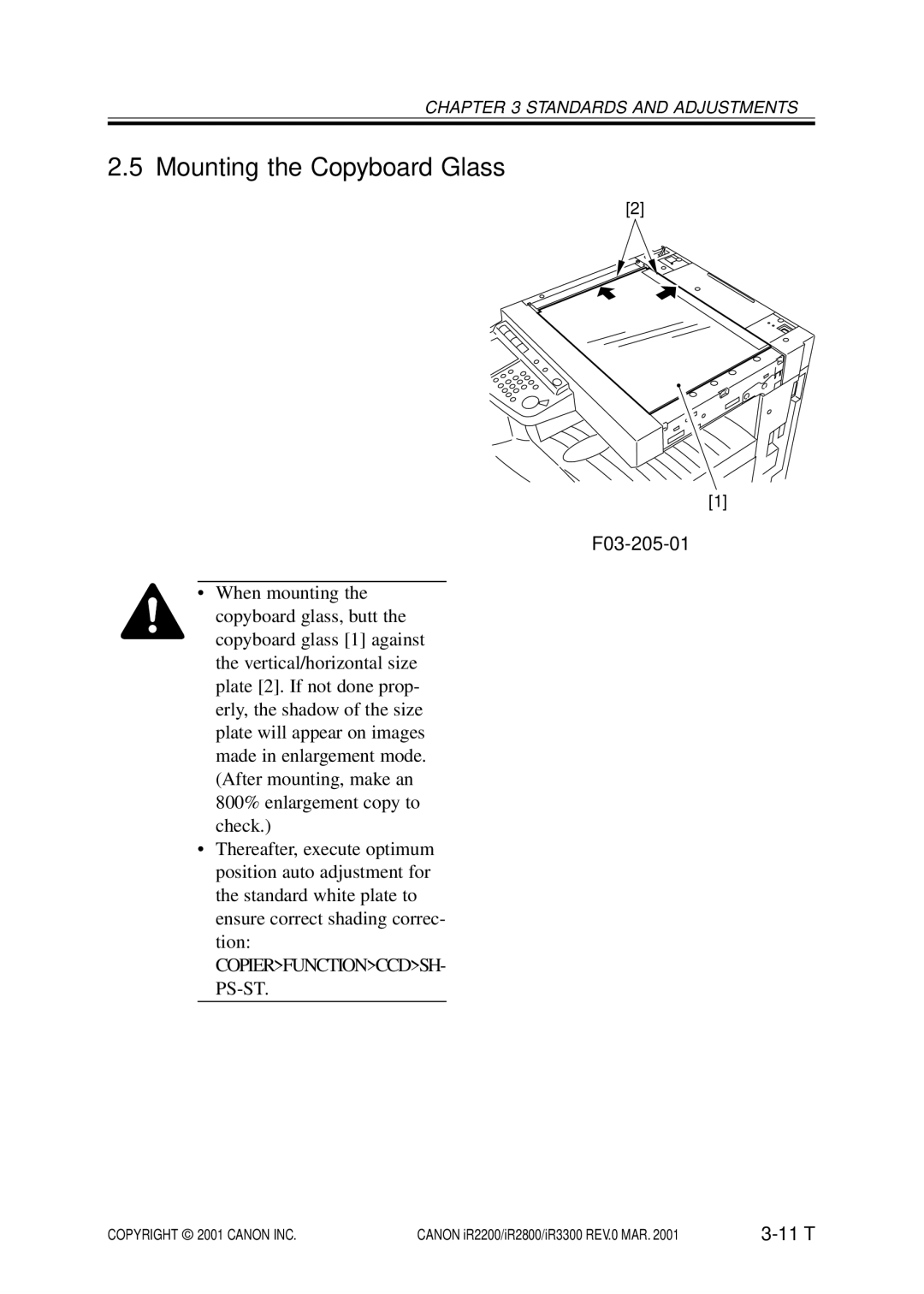 Canon IR3300, IR2800, IR2200 manual Mounting the Copyboard Glass, F03-205-01 