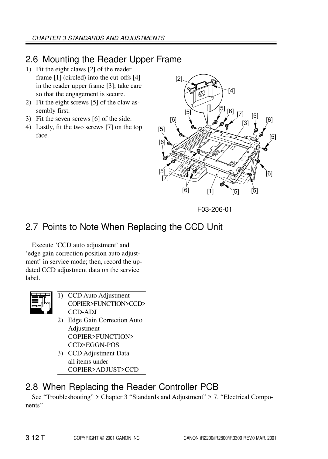 Canon IR2800, IR3300, IR2200 Mounting the Reader Upper Frame, Points to Note When Replacing the CCD Unit, F03-206-01, 12 T 