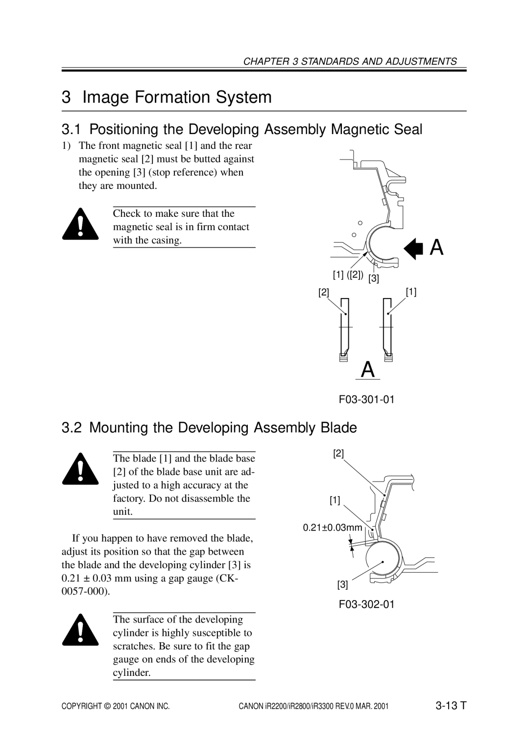 Canon IR2200, IR3300, IR2800 manual Positioning the Developing Assembly Magnetic Seal, Mounting the Developing Assembly Blade 