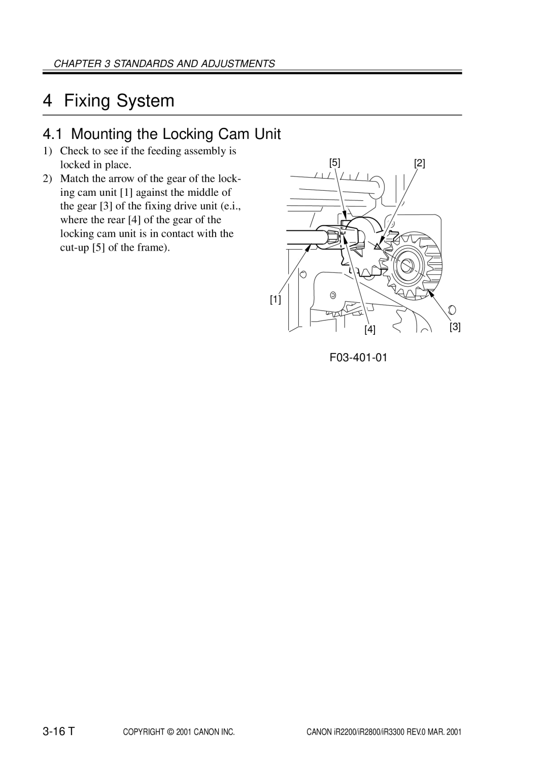 Canon IR2200, IR3300, IR2800 manual Fixing System, Mounting the Locking Cam Unit, F03-401-01 16 T 