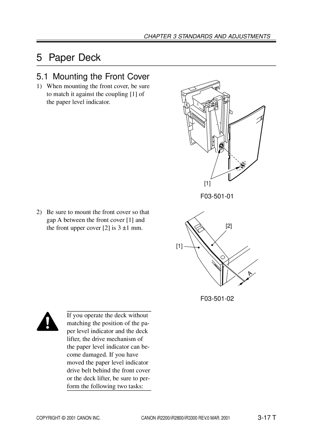 Canon IR3300, IR2800, IR2200 manual Paper Deck, Mounting the Front Cover, F03-501-01 F03-501-02 