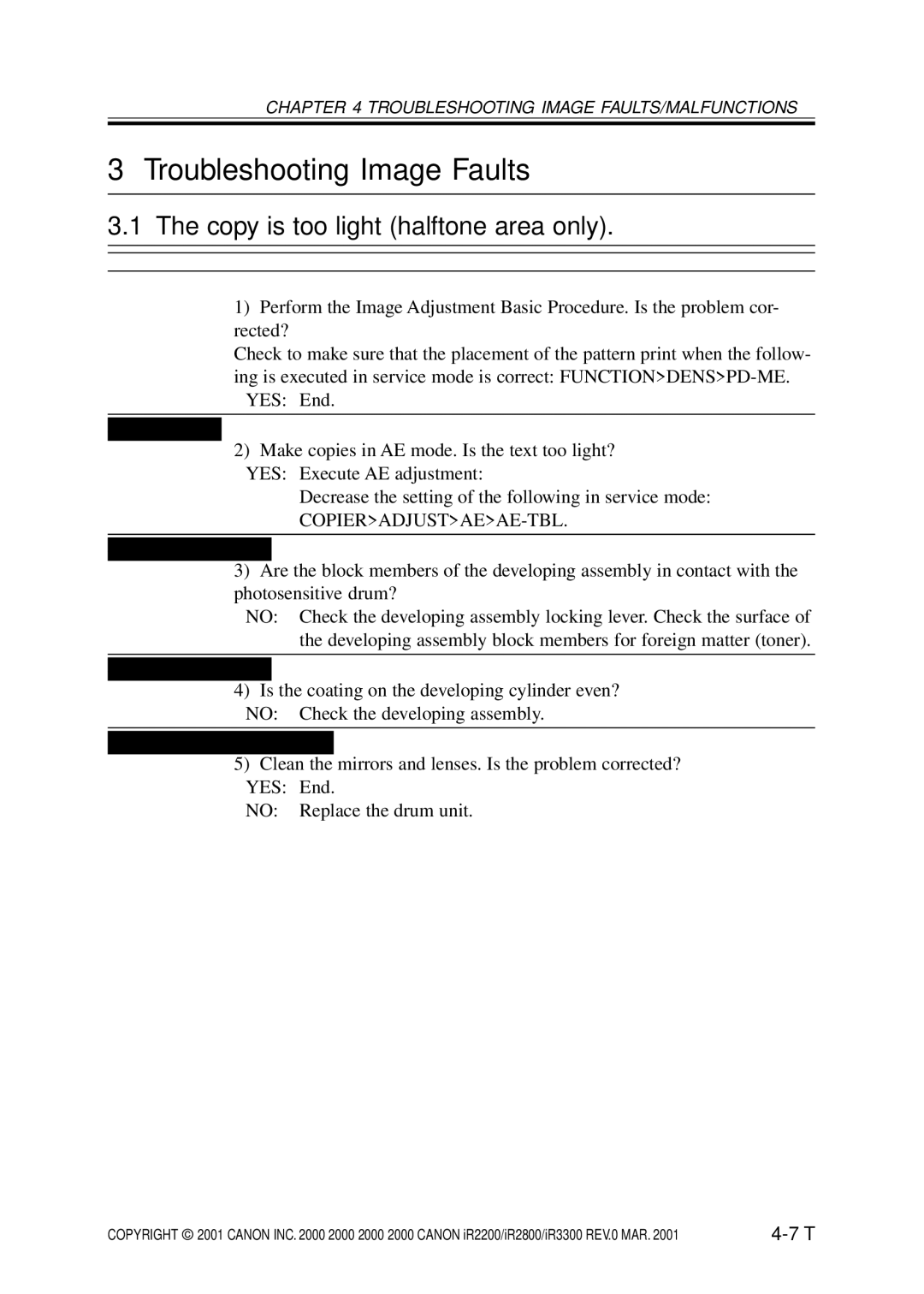 Canon IR2800, IR3300, IR2200 manual Troubleshooting Image Faults, Copy is too light halftone area only 