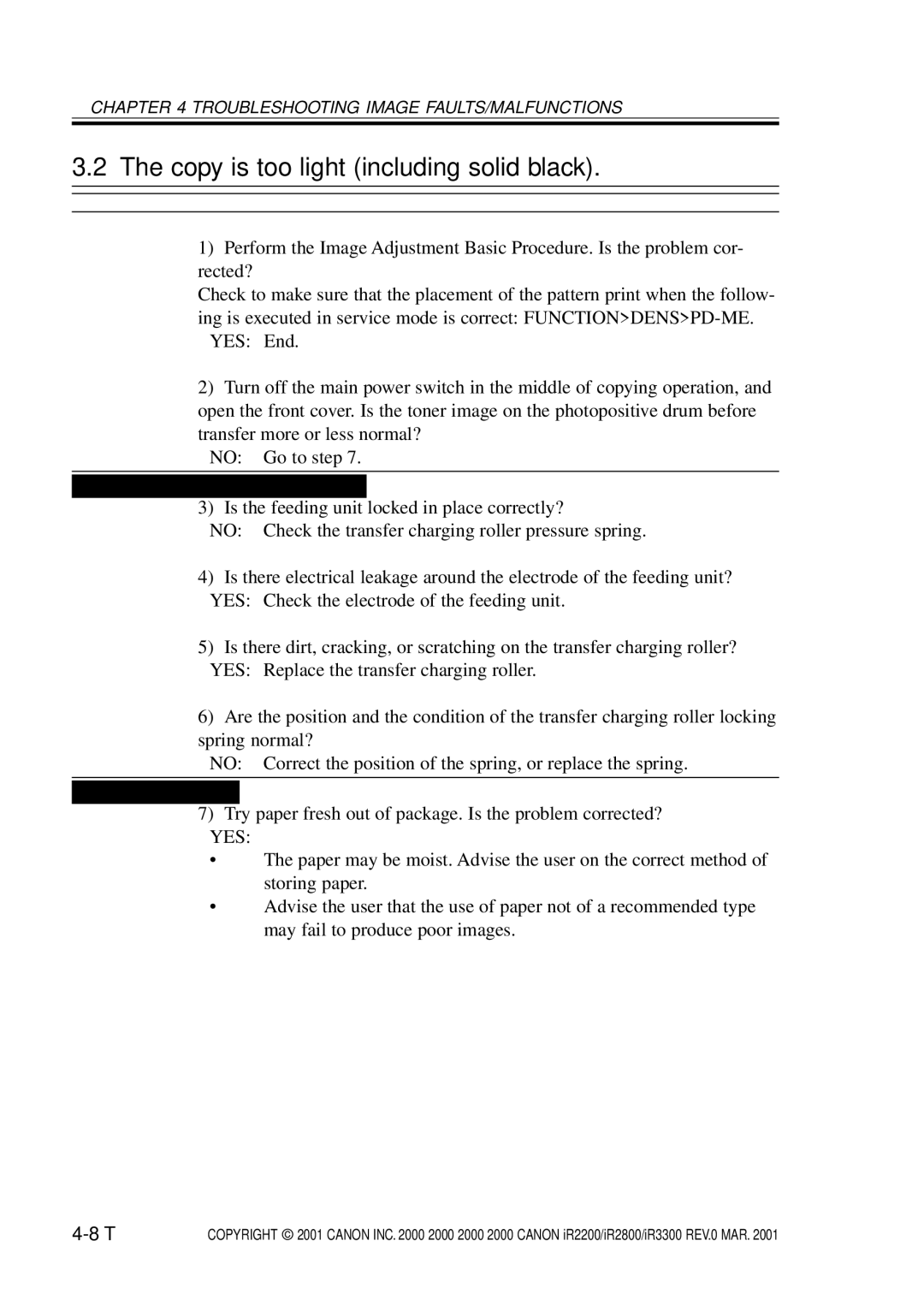 Canon IR2200, IR3300, IR2800 manual Copy is too light including solid black 
