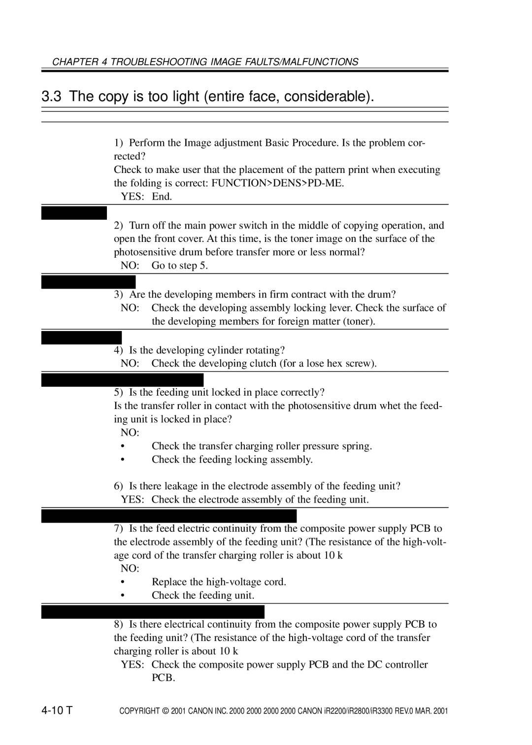 Canon IR2800, IR3300, IR2200 manual Copy is too light entire face, considerable, 10 T 