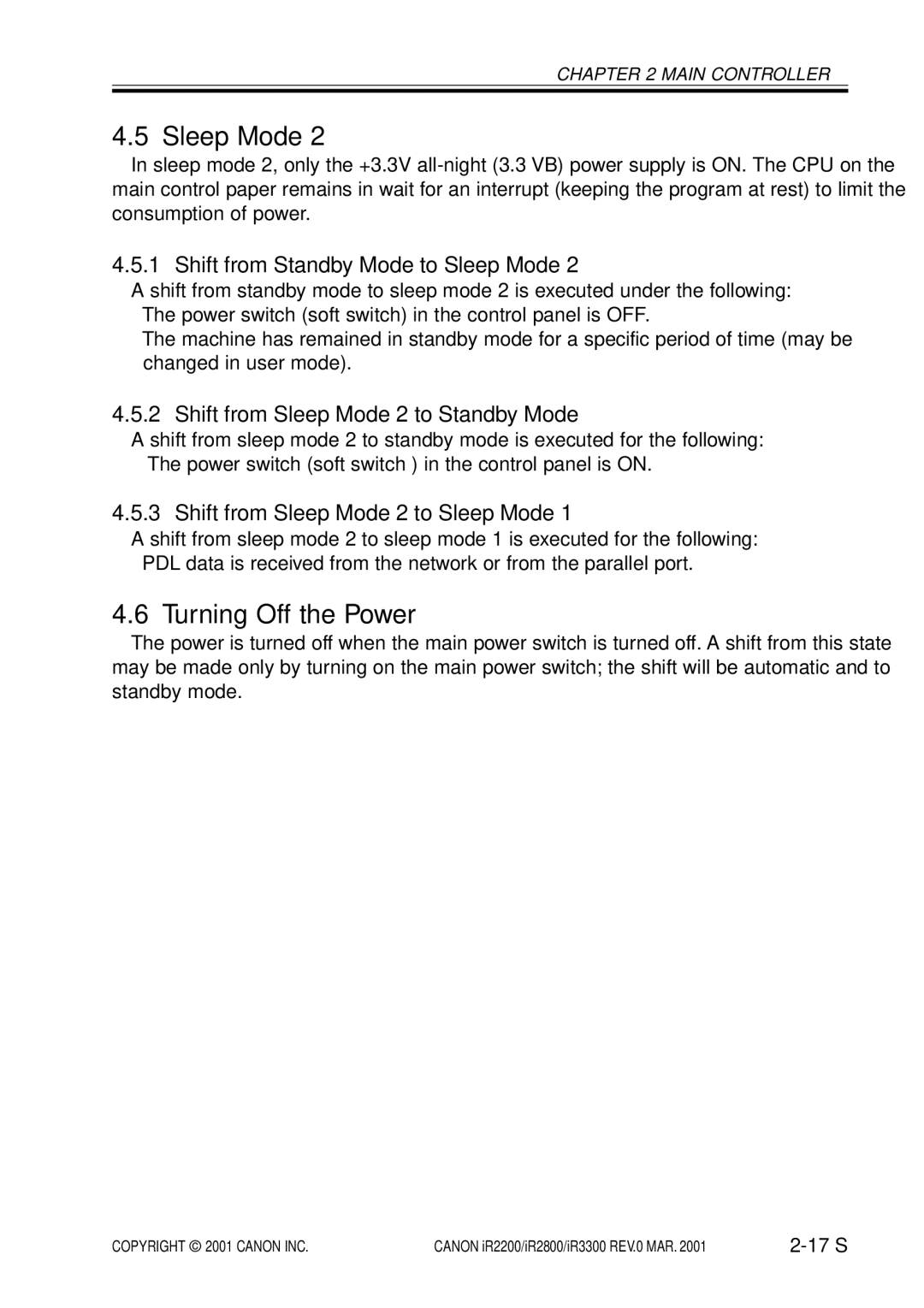 Canon IR3300, IR2800 Turning Off the Power, Shift from Sleep Mode 2 to Standby Mode, Shift from Sleep Mode 2 to Sleep Mode 