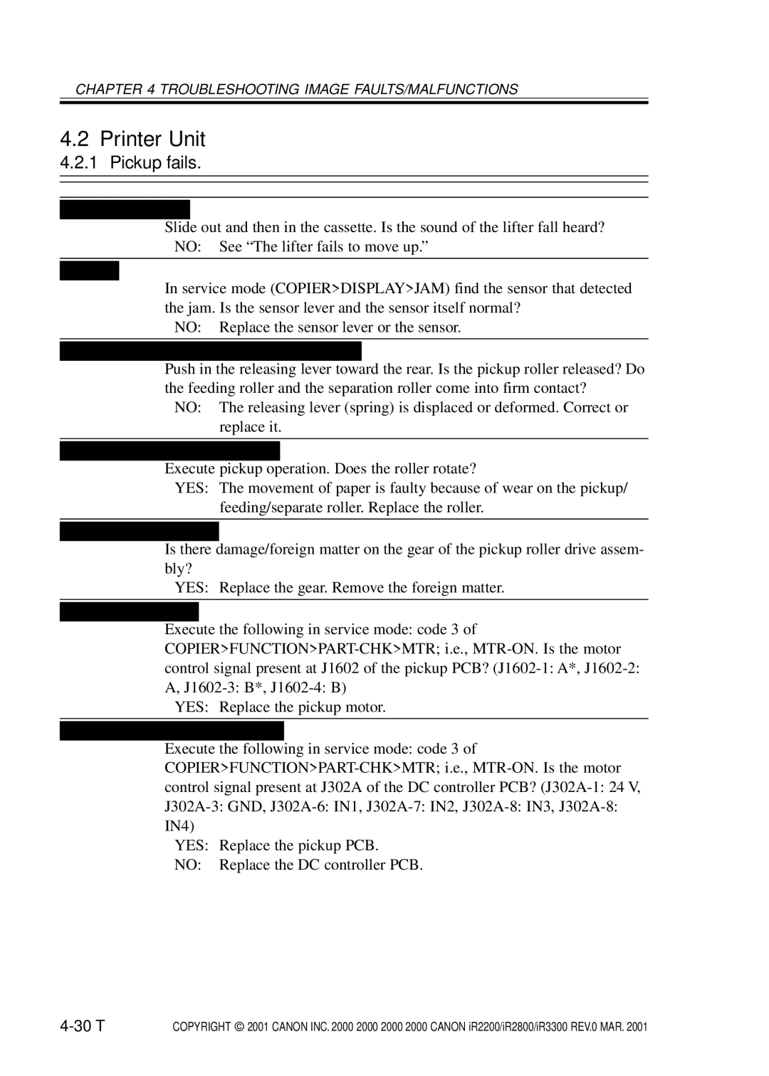 Canon IR3300, IR2800, IR2200 manual Pickup fails, 30 T 