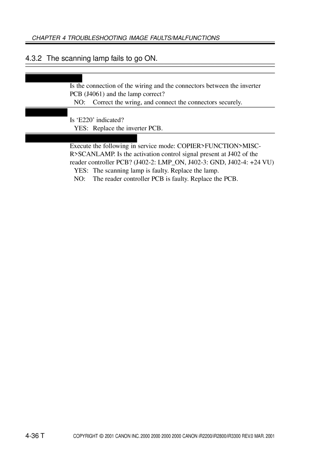 Canon IR3300, IR2800, IR2200 manual Scanning lamp fails to go on, 36 T 